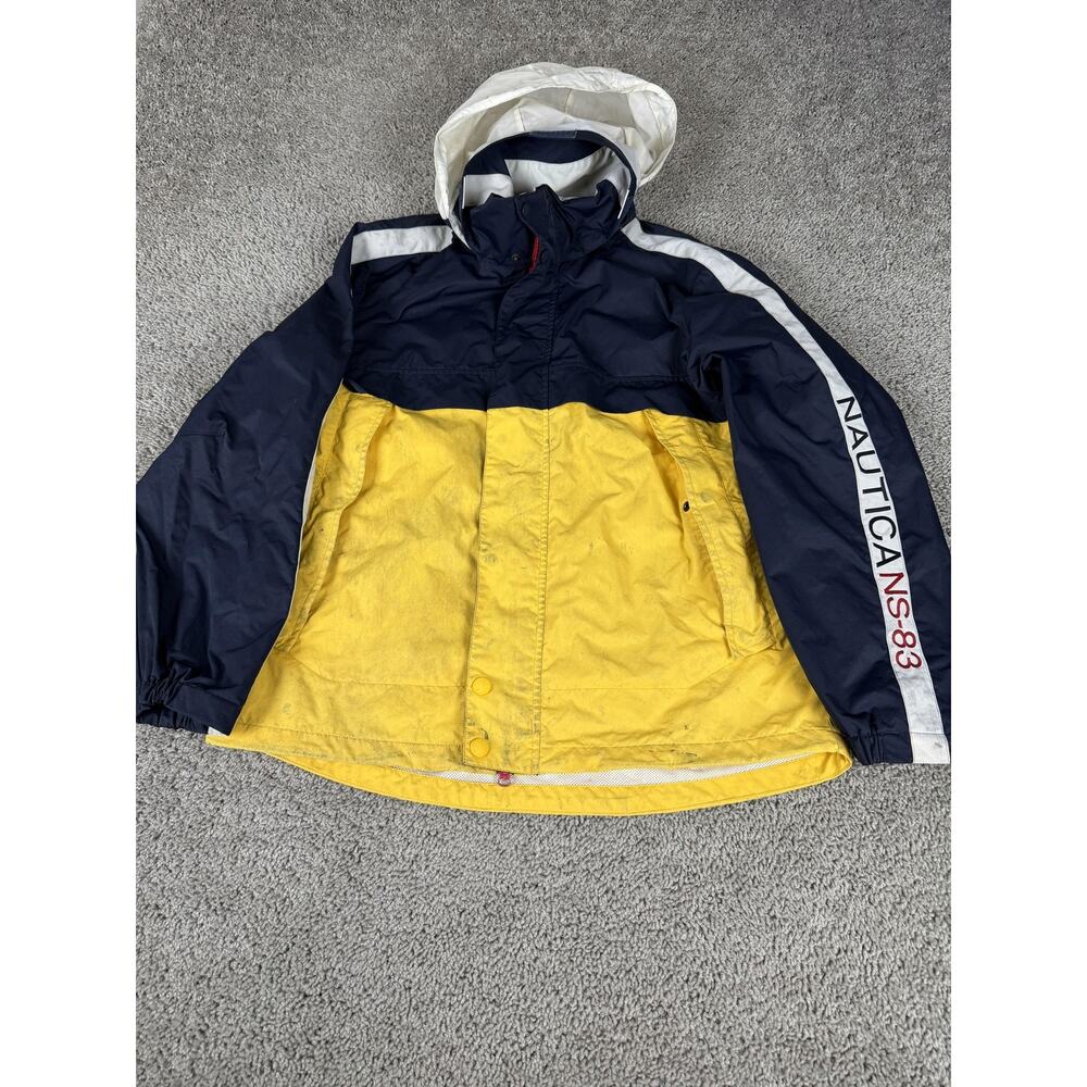 VTG Nautica Jacket Mens Large Yellow Navy Hooded Windbreaker Mesh Lined NS-83